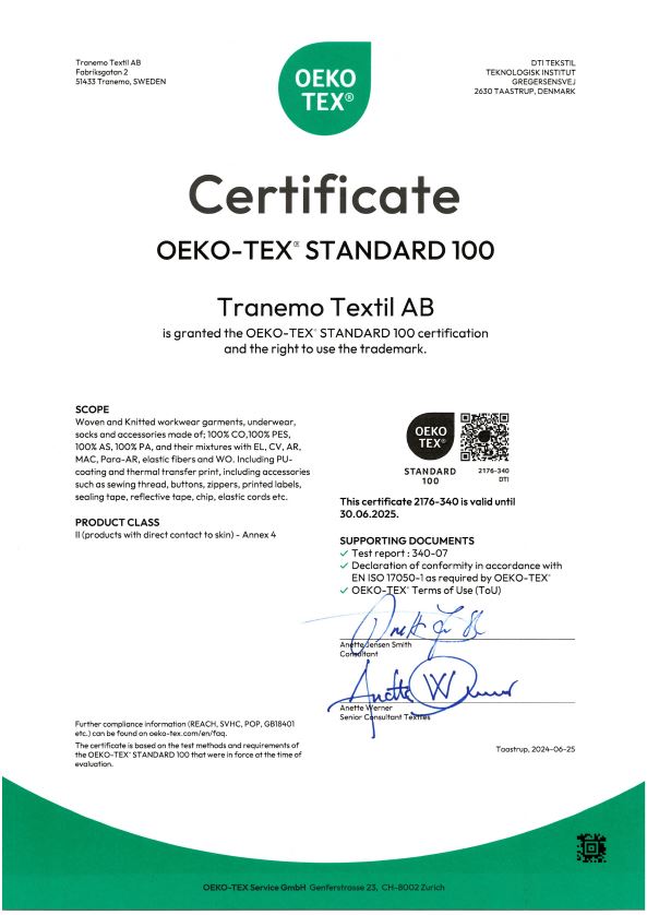 Certificate Oeko-Tex Standard 100